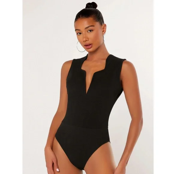 Black Sexy Sleeveless Bodysuit Deep Plunging V-Neck Cut - Picture 9 of 13